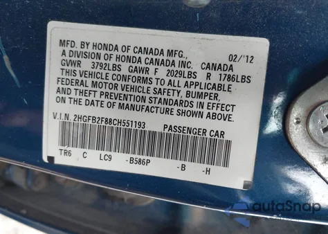 2012 Honda Civic Ex z USA, uszkodzony, nr VIN 2HGFB2F88CH551193